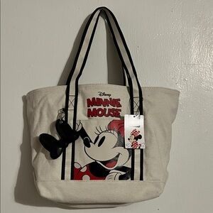 Disney Minnie Mouse Cream and Black Canvas Tote with Bow Charm